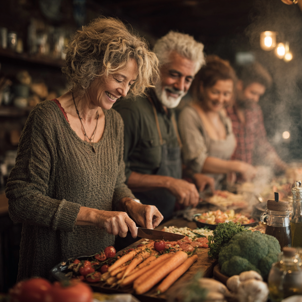 A diverse group of people in their 40s and 50s enjoying a healthy meal together outdoors, showing satisfaction and community around healthy eating habits