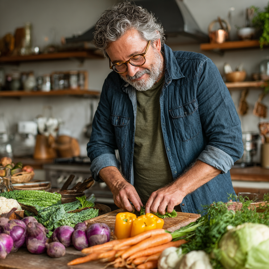 A mature man in his early 50s cooking healthy vegetables in a bright kitchen, wearing casual clothes and showing enthusiasm for preparing nutritious meals